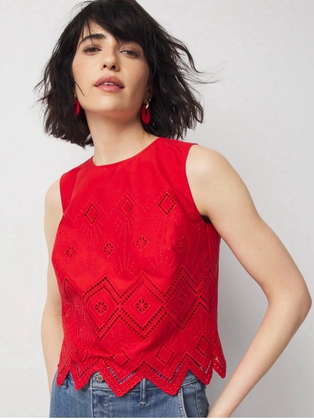 White House Black Market Red Eyelet Sleeveless Blouse